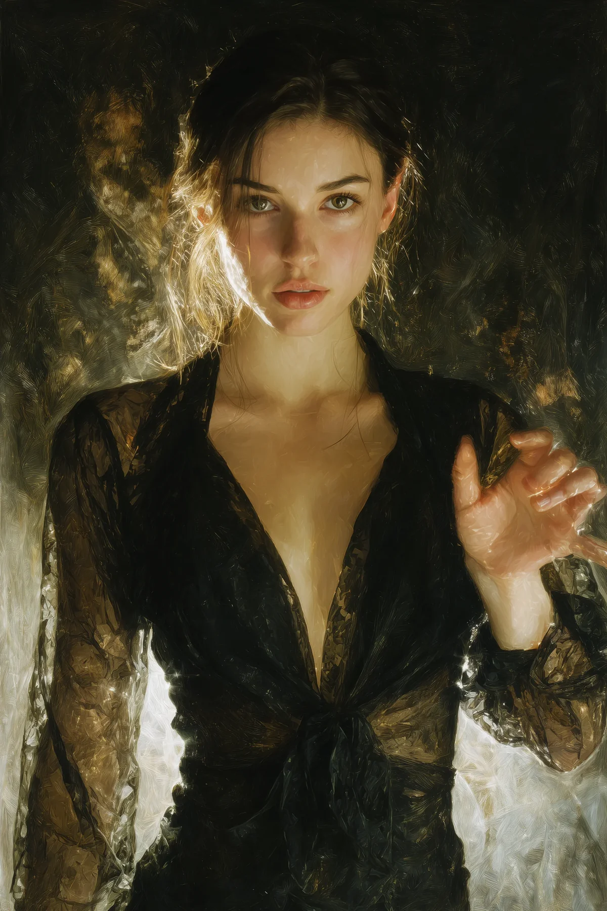 Dark-haired woman in an open black lace robe standing in a shadowy room, one hand raised.