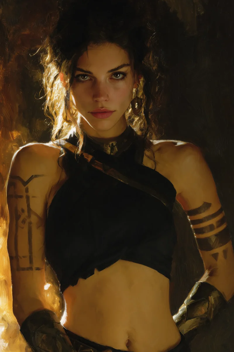 Dark-haired woman with arm tattoos wearing a black crop top and gloves, midriff bare, against a dark setting.