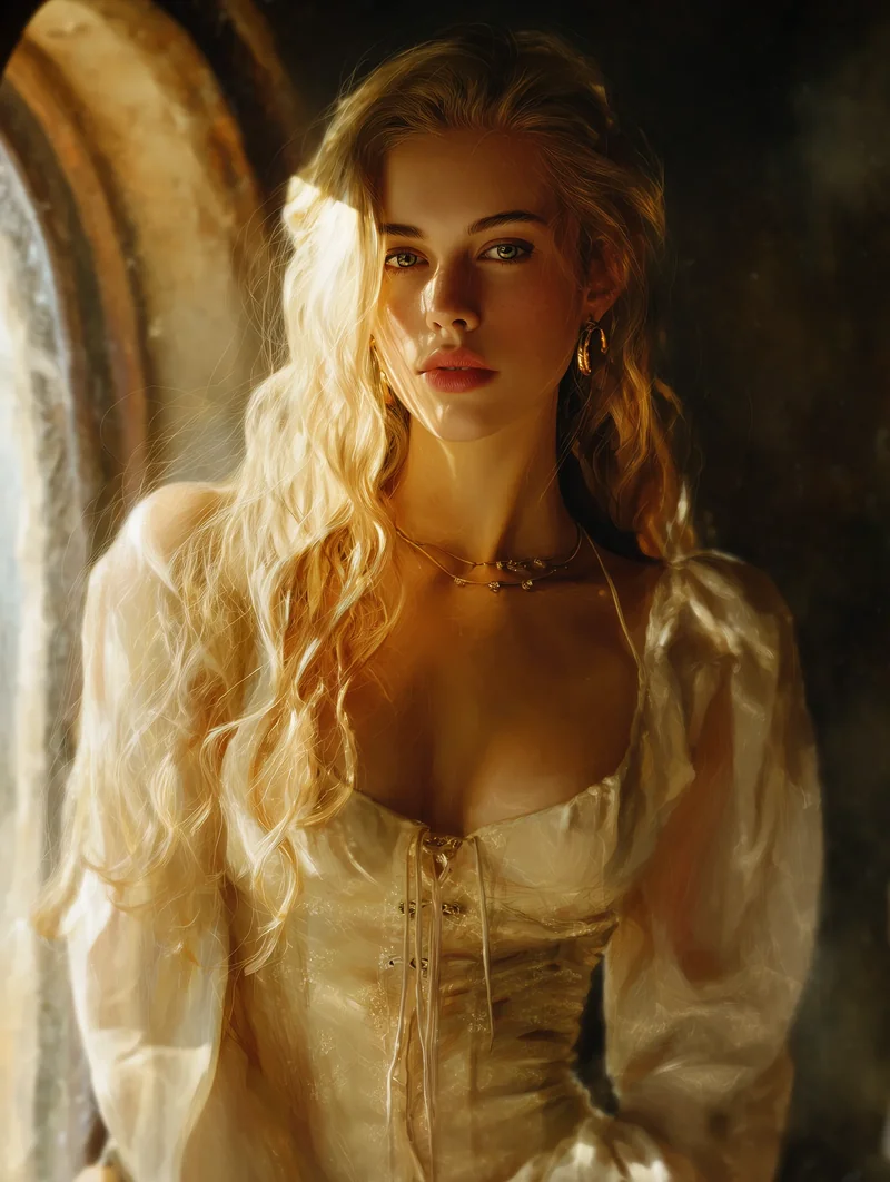 Blonde woman with braided hair wearing a sheer ivory lace gown in warm candlelight.