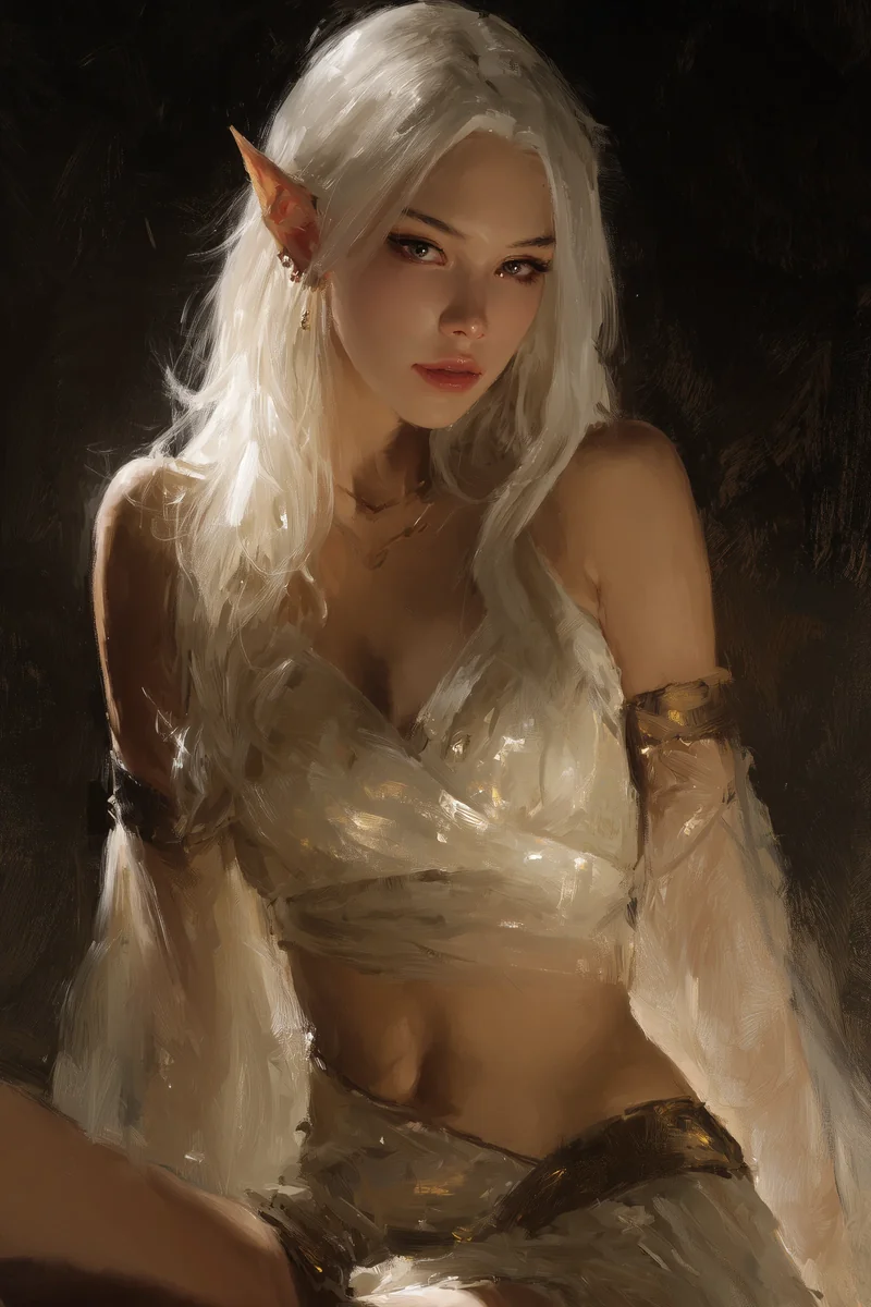 Elf woman with long white hair and pointed ears in a sheer iridescent white garment.