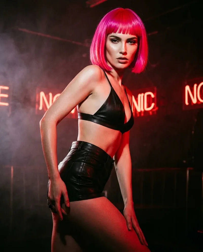 portrait of a woman with oval face, high cheekbones, straight nose, strong defined brows, sharp jawline, blue-grey, vivid hot pink, neon fuchsia sleek blunt bob with full bangs, a seductive woman, fair porcelain with neutral-cool undertone, full lips with strong cupid's bow, hourglass figure with full bust, defined waist, athletic tone, smooth porcelain skin with subtle sheen, wearing black leather bralette with high-waisted leather hot pants, in dark rock club with red neon glow, smoke haze, black leather booths, dark energy, sultry stare, standing with arched back, hand on thigh, posture, harsh single key light with deep dramatic shadows, glossy magazine aesthetic, 35mm f/1.4, gritty editorial style with slight grain, dynamic angles, low shots looking up, tight aggressive framing, same woman, consistent features, soft glamour... (Style: glossy_magazine_aesthetic)