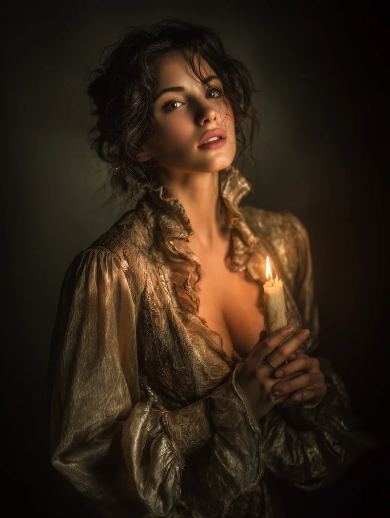 Curly-haired woman in a loose pale bodice leaning into warm candlelight.