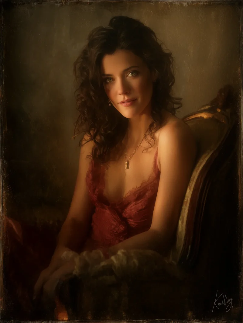 Brunette woman with grey eyes in red silk drapery, seated in warm candlelight.