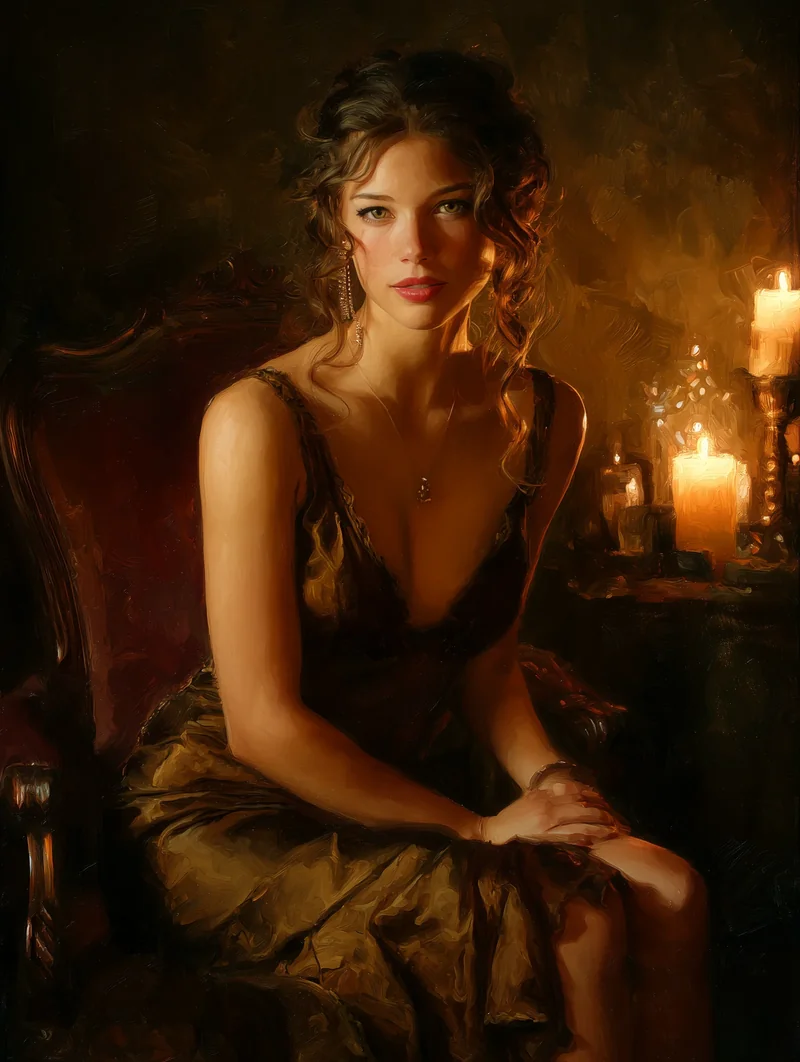 Dark-haired woman seated in a candlelit room, bare-shouldered, looking over her shoulder.