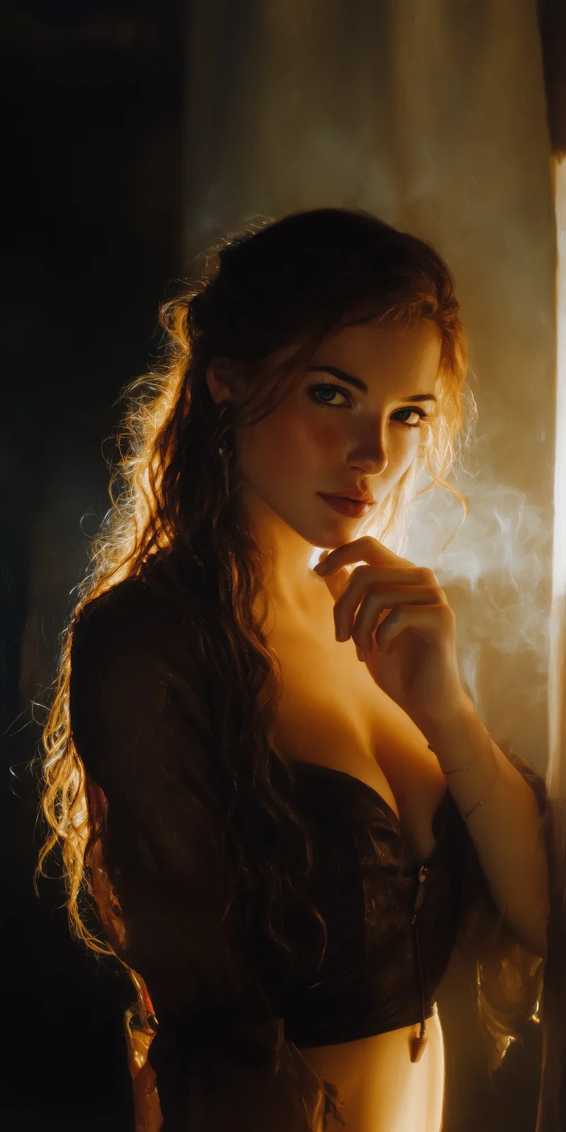 Woman with reddish-brown hair, bare-shouldered, lit warmly amid drifting smoke and shadow.