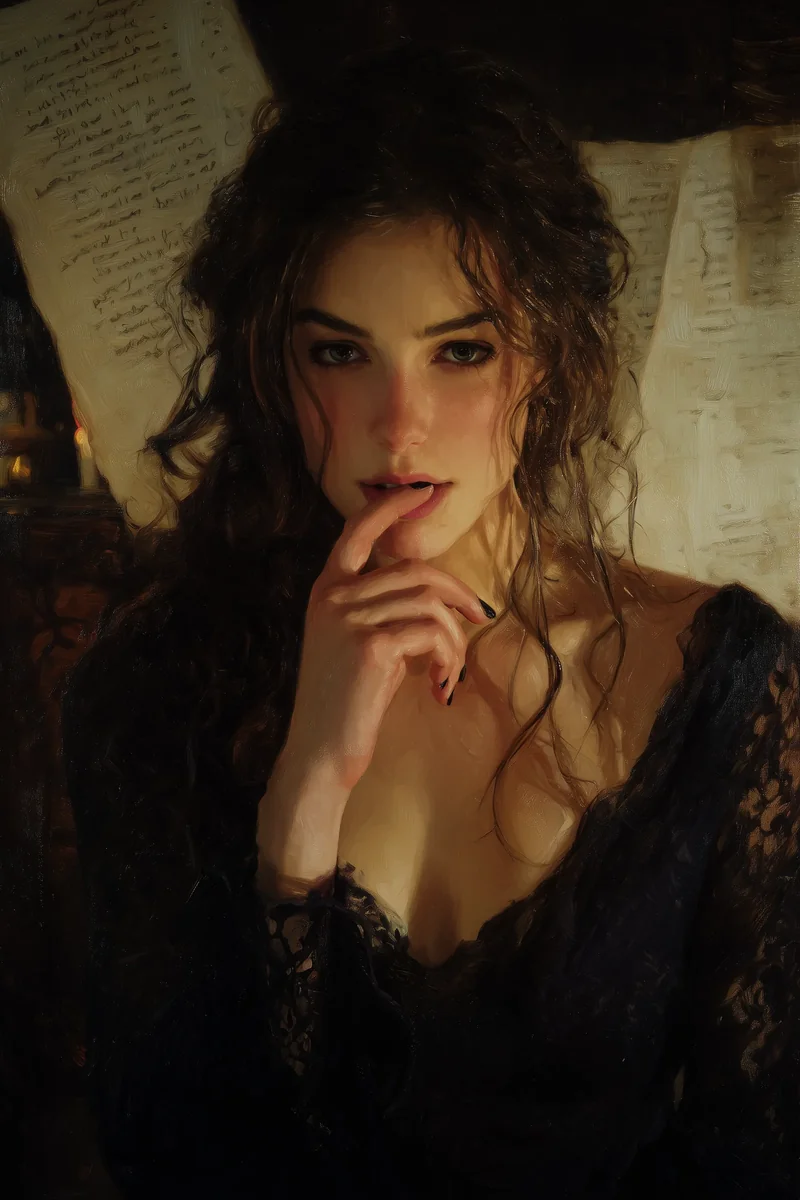 Oil-painting style portrait of a dark-haired woman touching a finger to her lips.