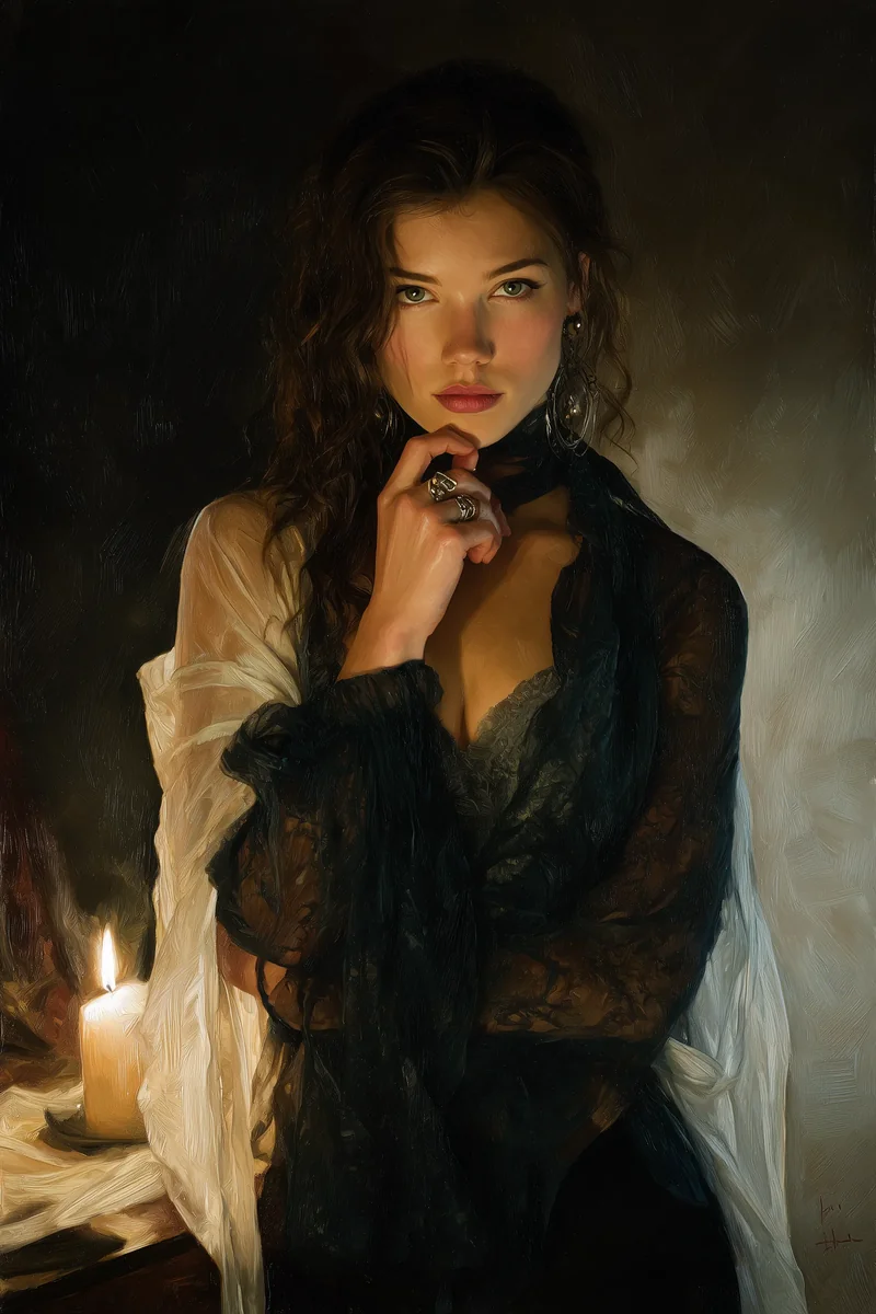 Woman in a sheer black robe seated beside a candle, dark hair loose over bare shoulders.