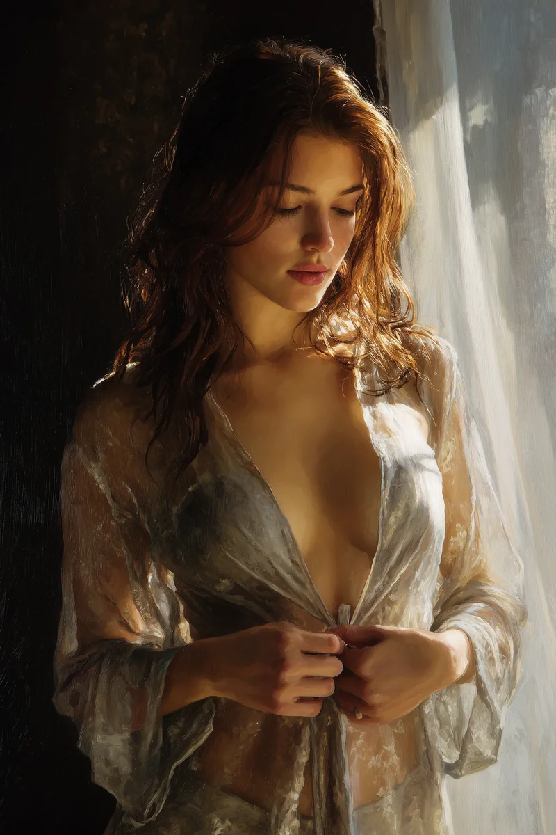 Auburn-haired woman in pale silk slipping off one shoulder, lit by soft daylight.
