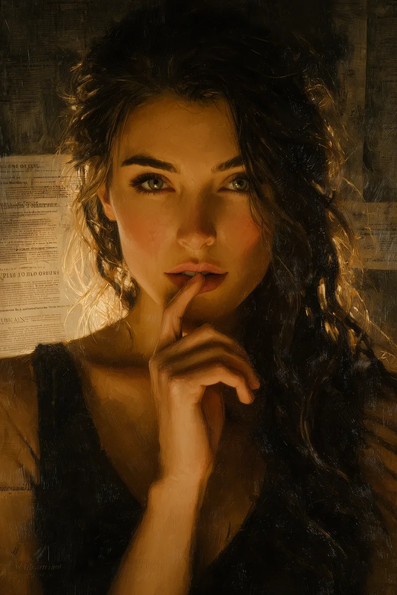 Portrait of a dark-haired woman pressing one finger to her lips against a dim interior.