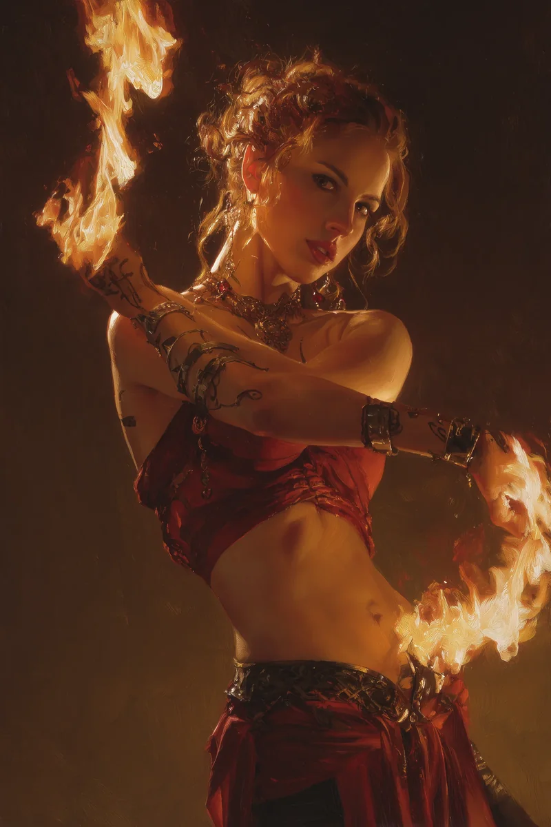 Athletic blonde woman in a red garment surrounded by firelight.