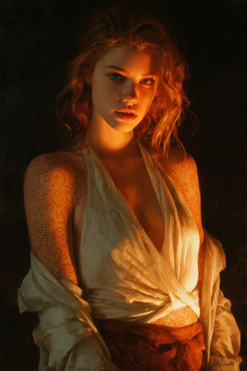 Close portrait of a curvaceous golden-haired woman with white fabric slipping off one shoulder.