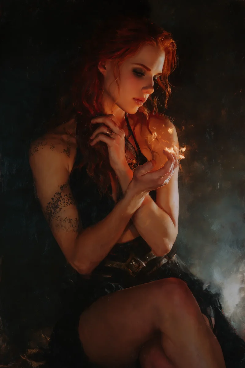 Curvaceous red-haired woman standing in dark dress amid warm shadow.