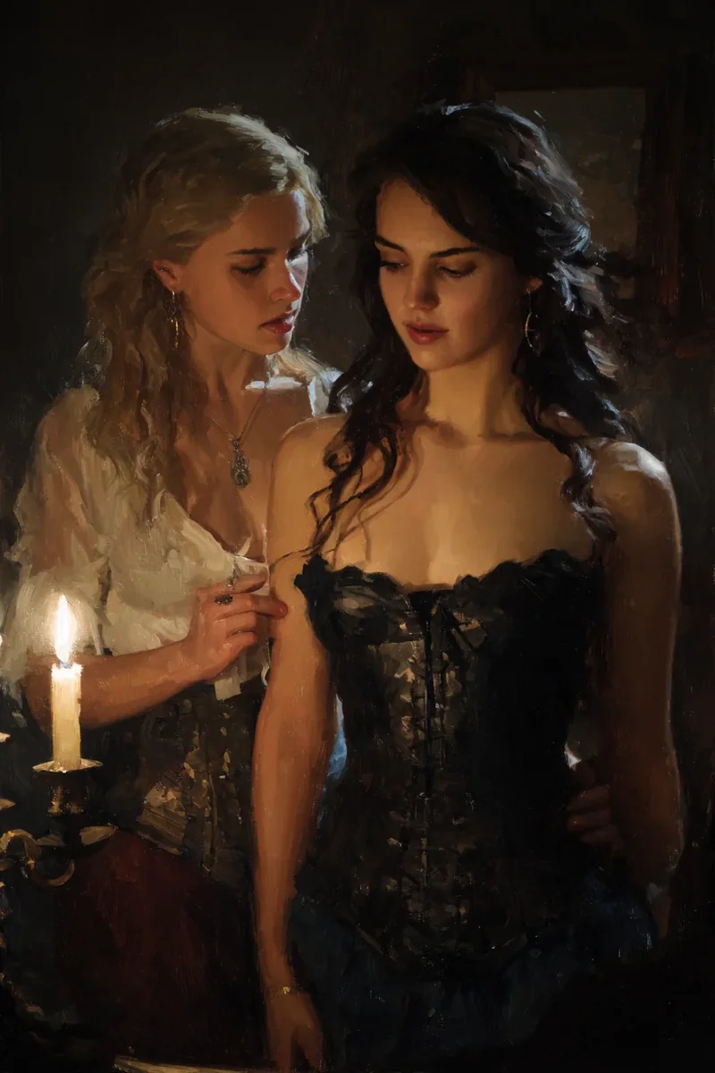 Two women in dark corsets close together beside a lit candle.