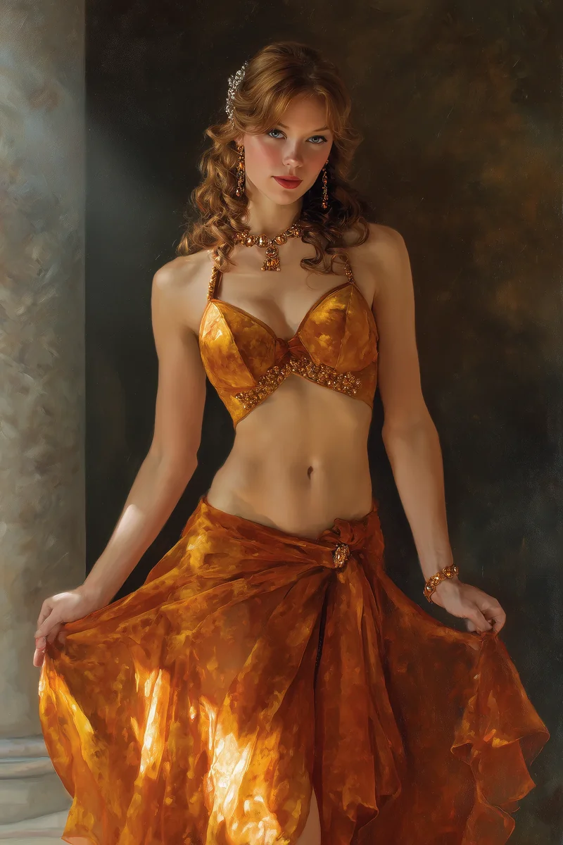 Woman in a copper-toned corset and flowing skirt in a warm-toned setting.