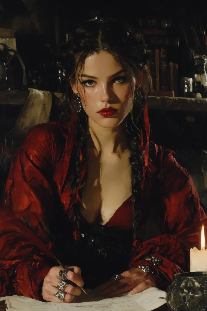 Dark-haired woman in a deep red robe over a red dress standing in a dim interior.