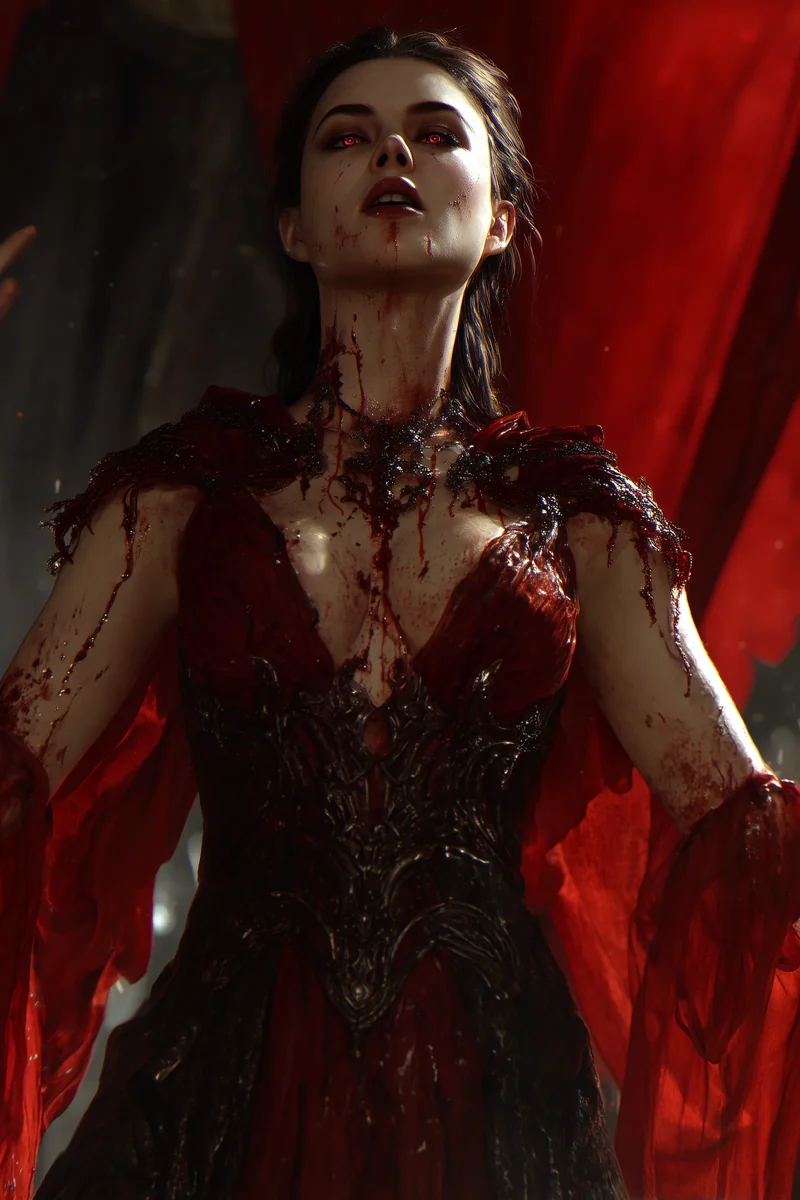 Dark-haired woman in an ornate crimson gown emerging from deep shadow.
