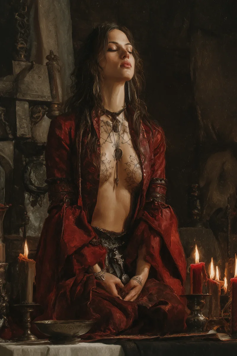 Dark-haired woman in a red velvet dress seated near lit candles in a dim room.