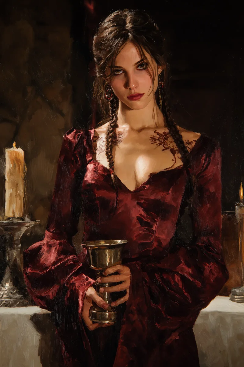 Pale dark-haired woman in a red dress holding a goblet near candles in a dim room.