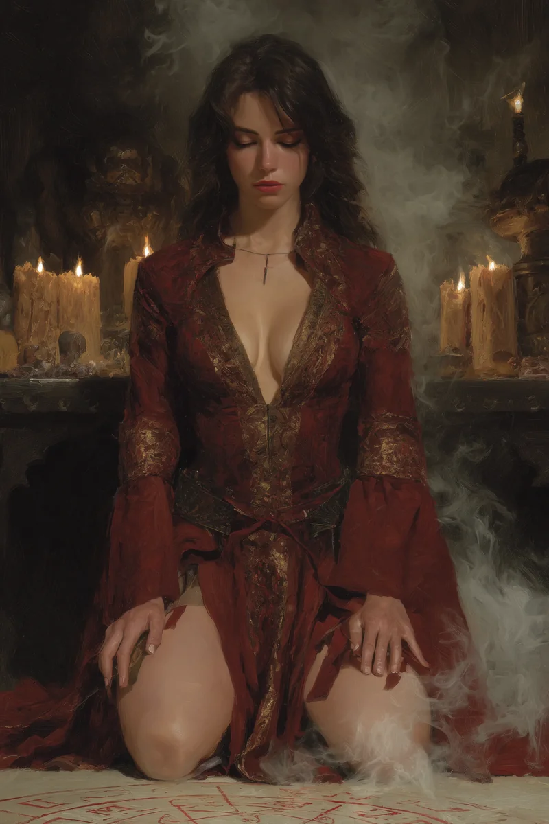 Dark-haired woman in a loose red dress kneeling on the floor surrounded by lit candles.