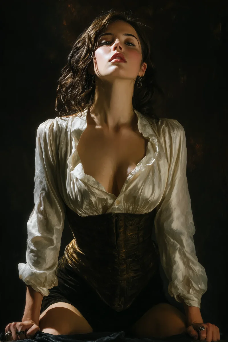 Dark wavy-haired woman in a loose ivory blouse and dark corset reclining in shadow.