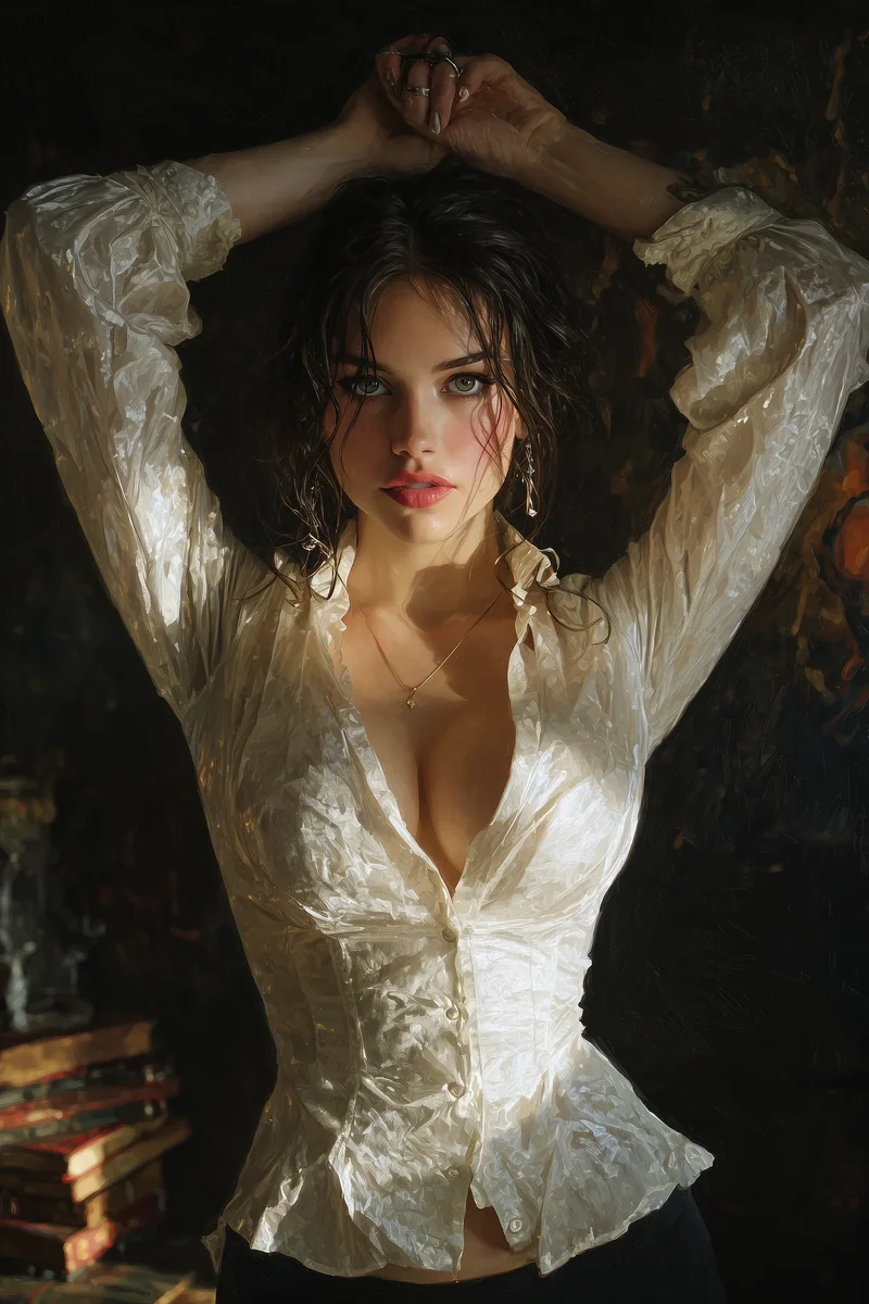 Dark wavy-haired woman in a loose pale blouse reclining with arms raised in dim light.