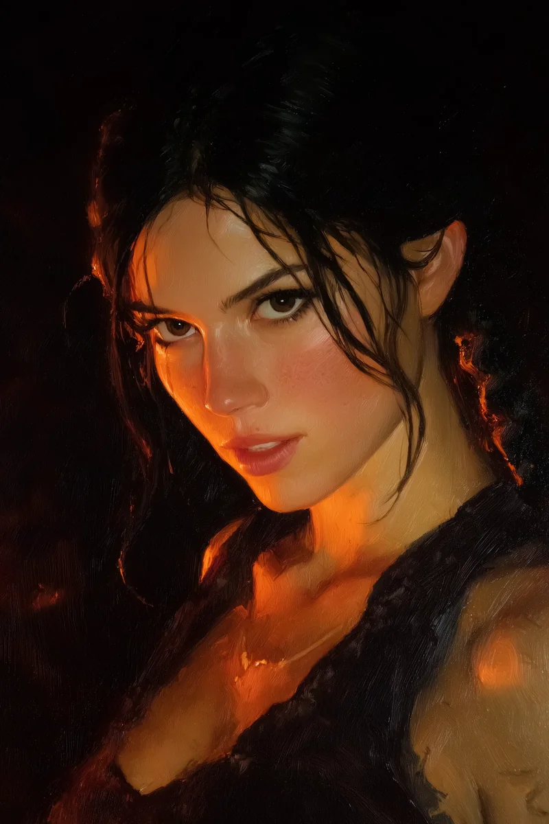 Close portrait of a dark-haired woman with bare shoulders lit by warm red light.