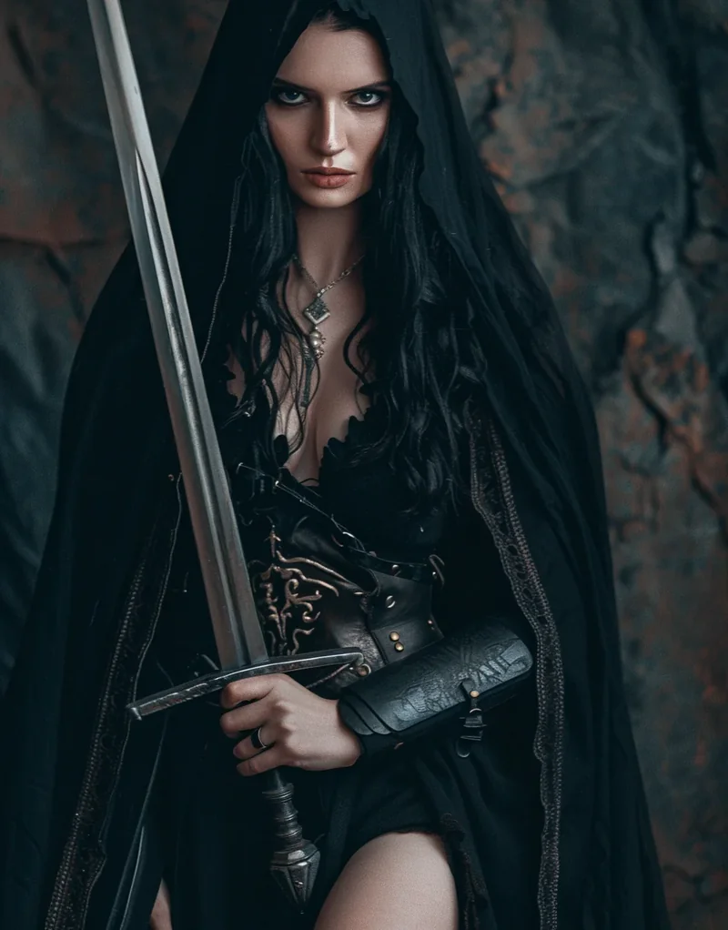 Pale dark-haired woman in black robes holding an upright sword against a stone wall.