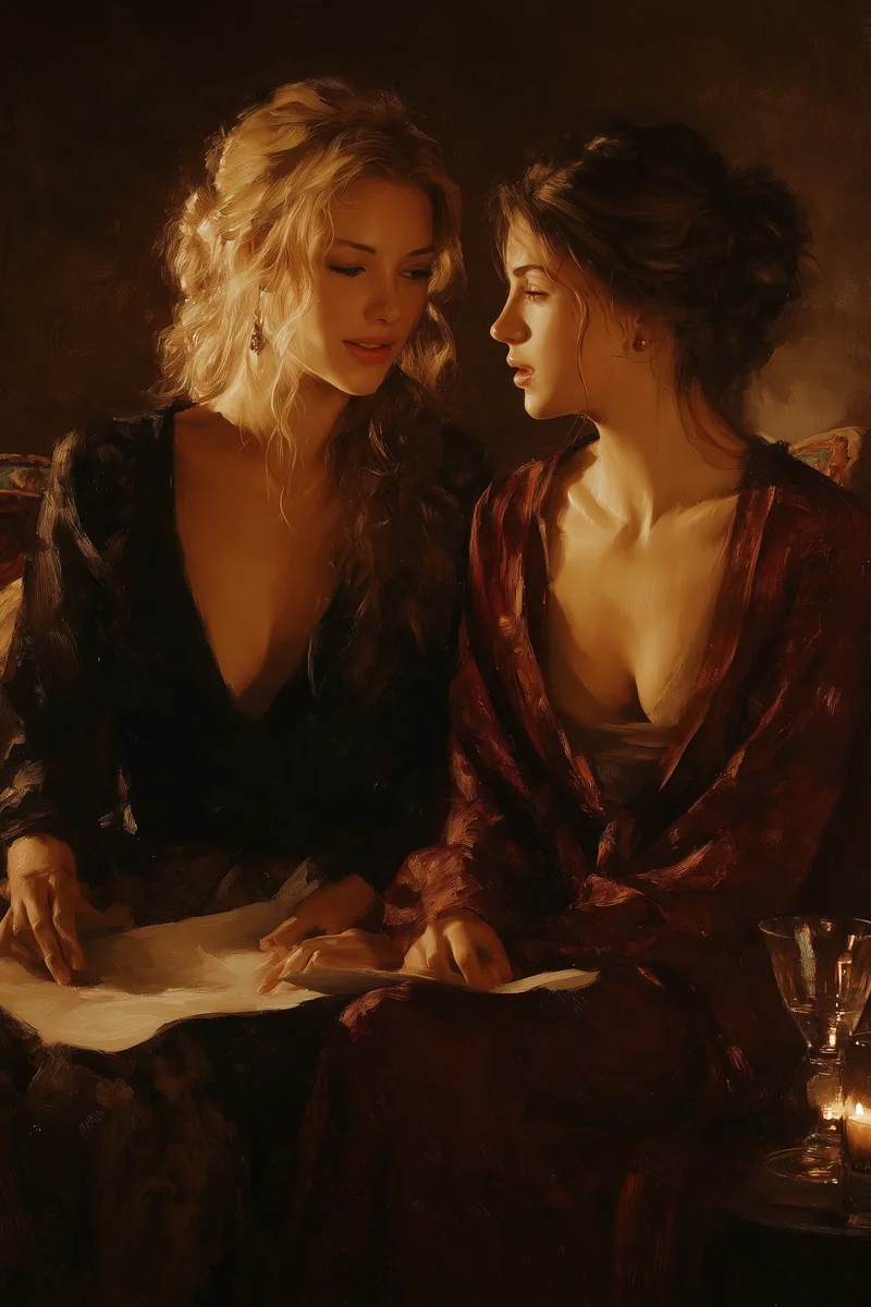 Two women facing each other closely in warm candlelight.