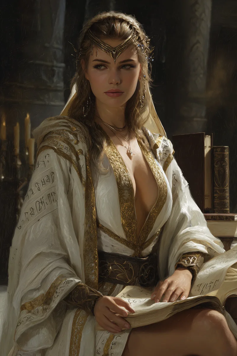 Woman in a golden gown standing in a candle and lantern lit library.