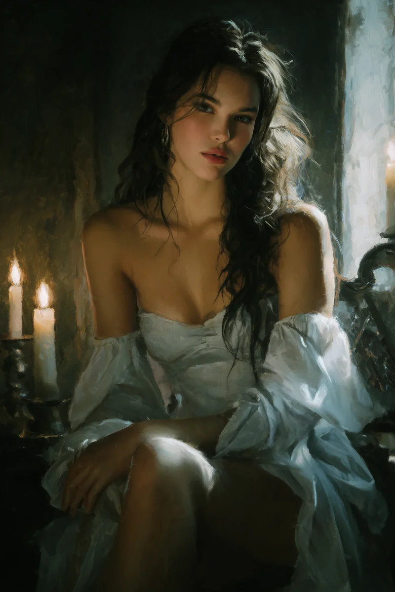 Dark-haired woman in loose white linen seated near burning candles at dawn.