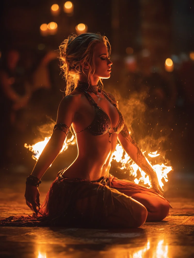 Woman kneeling on the ground surrounded by glowing embers and small flames in a dark setting.