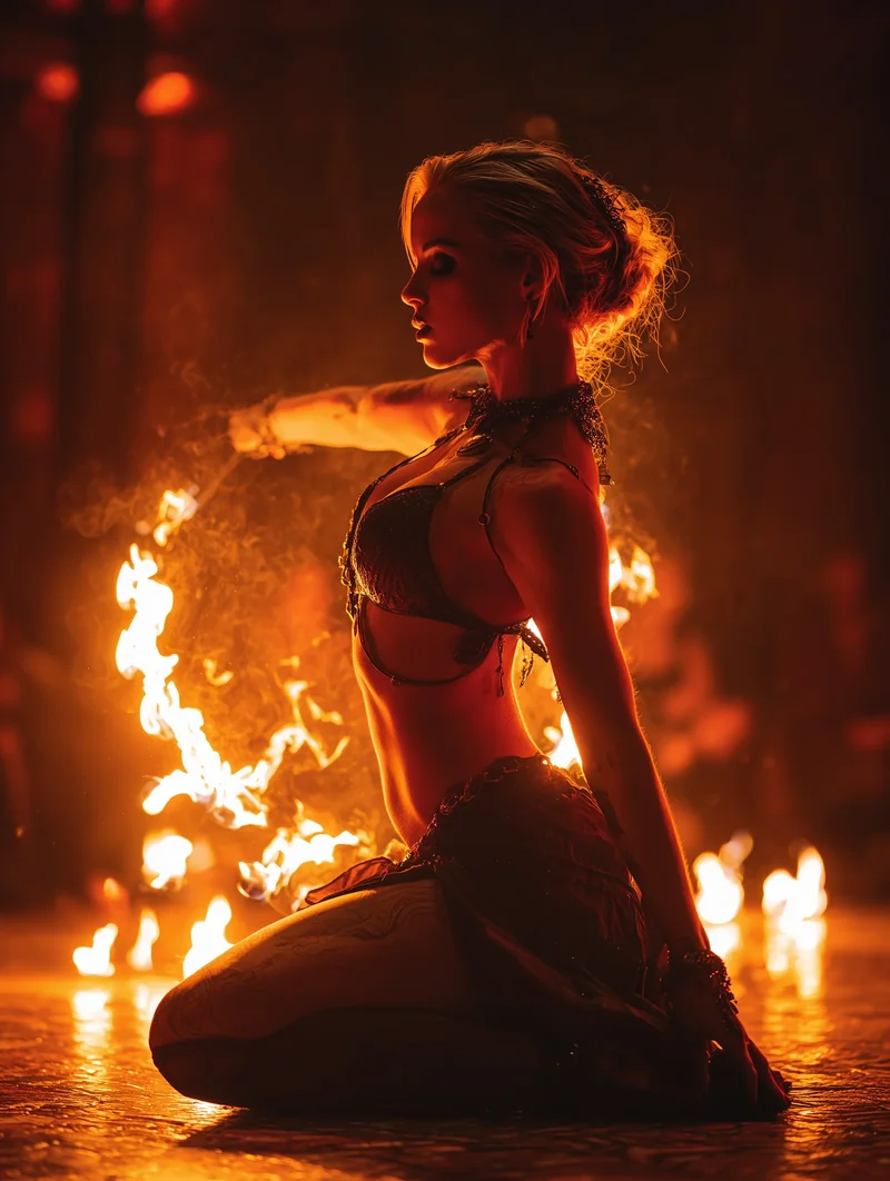 Woman kneeling in silhouette against tall orange flames in a dark room.