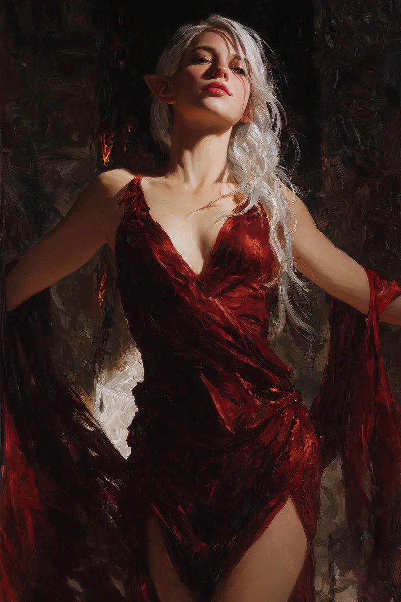 Pale blonde woman in a deep red dress leaning back in a dimly lit interior.