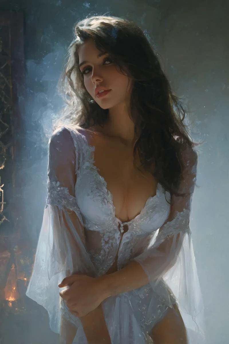 Dark-haired woman seated in a sheer white draped gown, softly backlit in a dim interior.