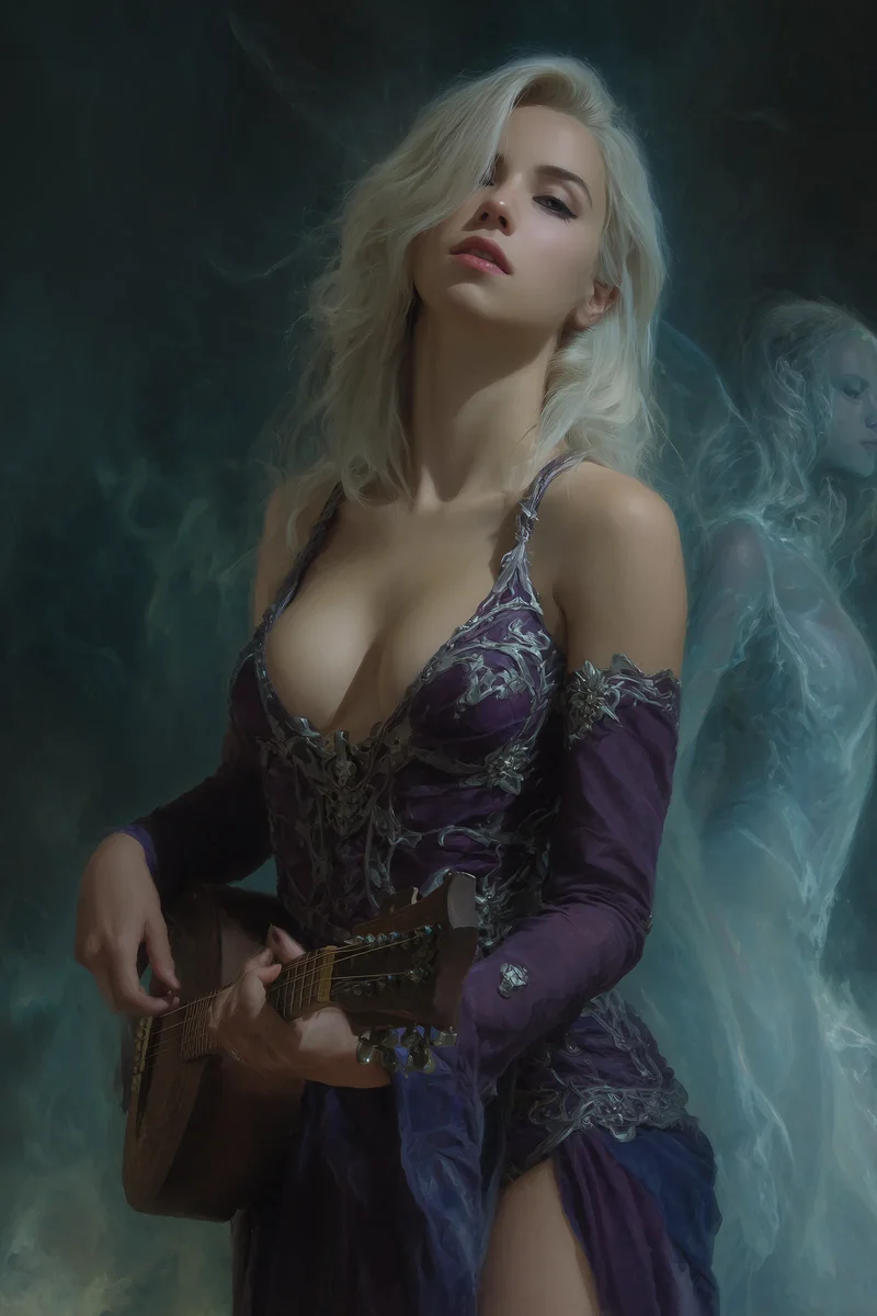Silver-haired elven woman in a blue and purple gown standing in a dim blue-lit interior.