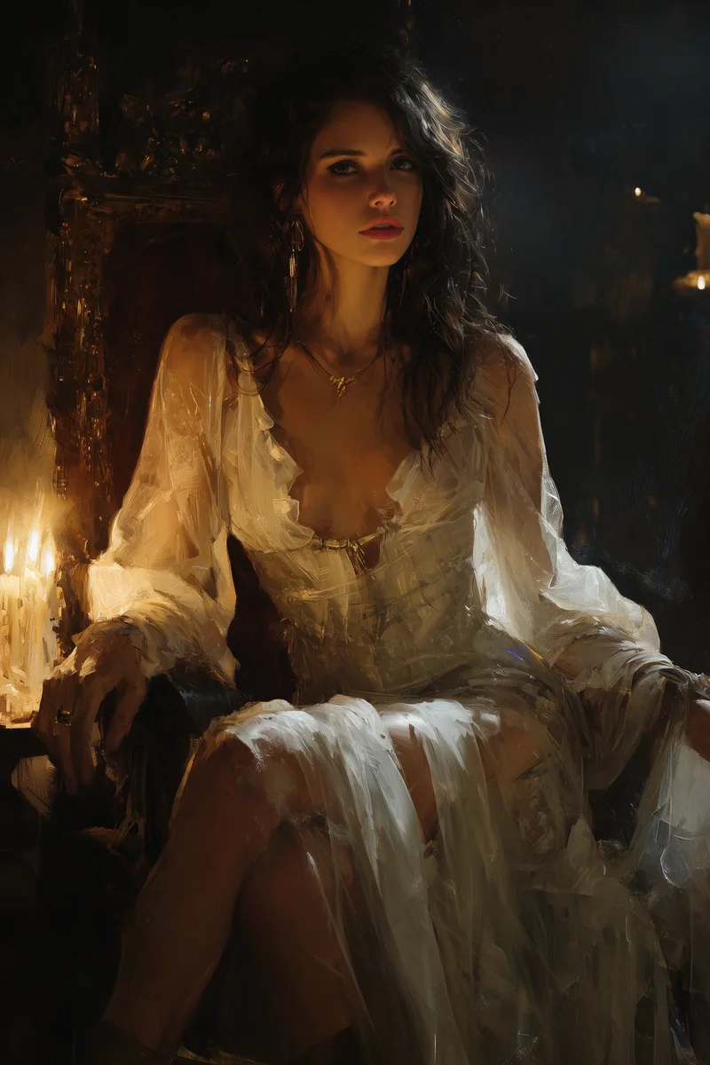 Dark-haired woman in a pale gauzy gown seated in a candlelit dark room.