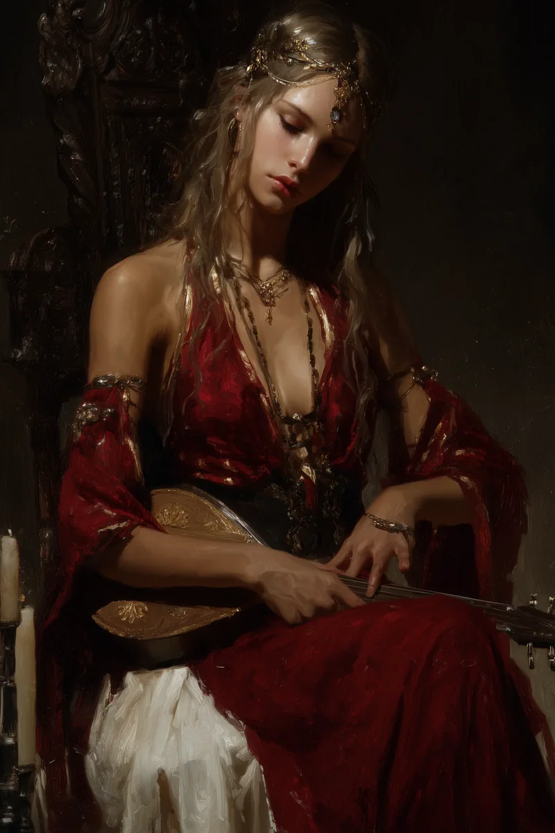 Woman with long hair in a flowing red gown standing in a dim, warmly lit interior.