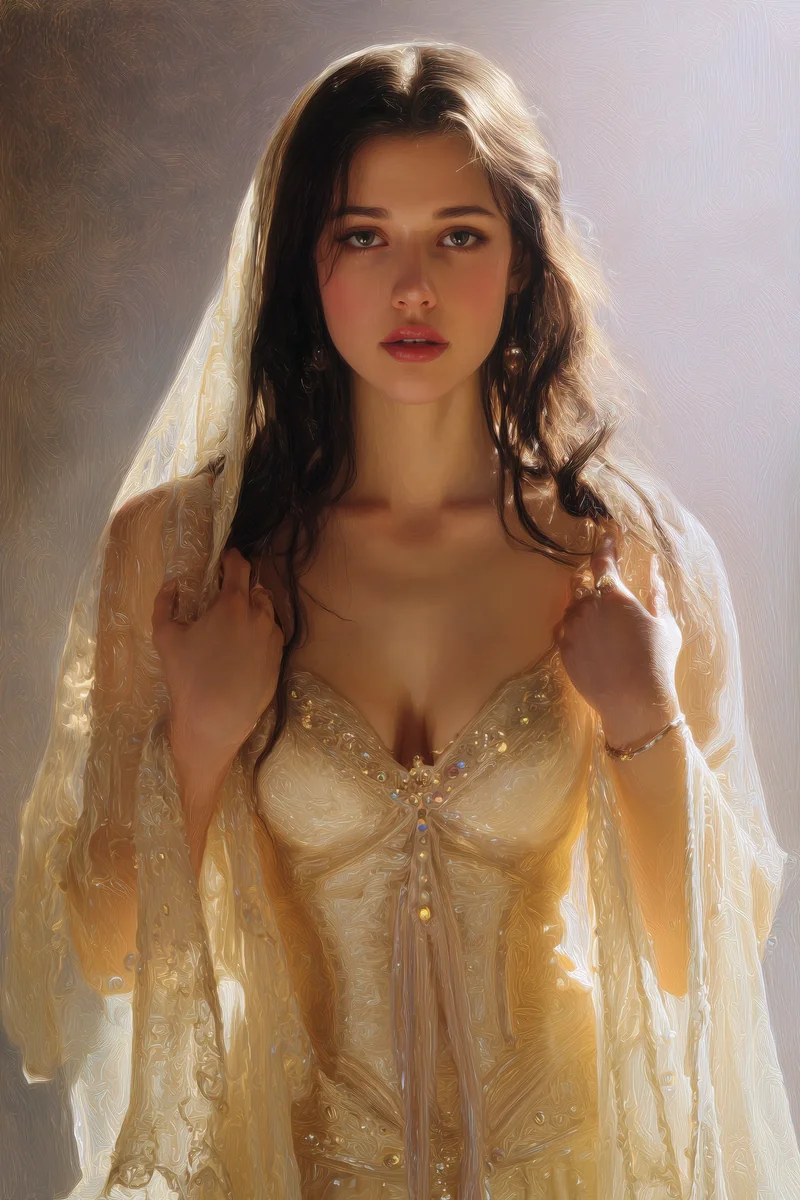 Brown-haired woman in a sheer golden veiled gown, softly lit against a pale background.