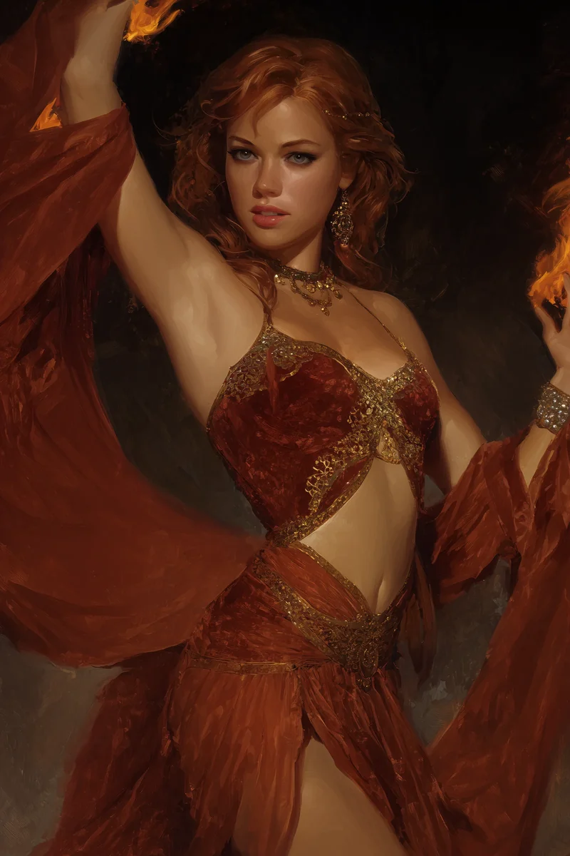 Curvy woman with copper-toned skin and auburn hair, wearing a draped crimson wrap, seated against a dark warm-lit background.