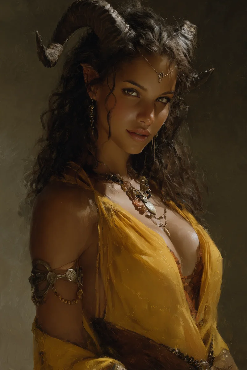 Female tiefling with horns and dark hair, wearing a golden-yellow gown sliding off one shoulder, in warm low light.