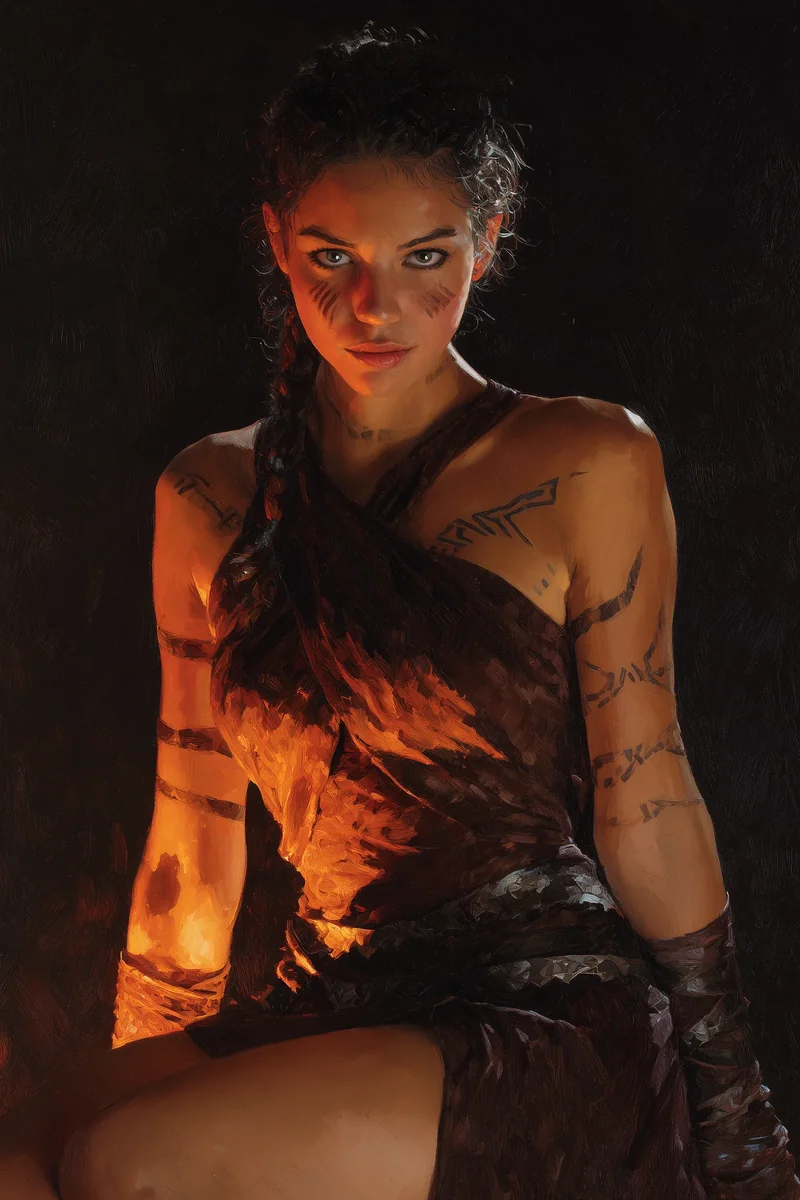 Dark-haired woman in minimal dark clothing, lit by warm firelight against a shadowed background, posed in a relaxed lean.