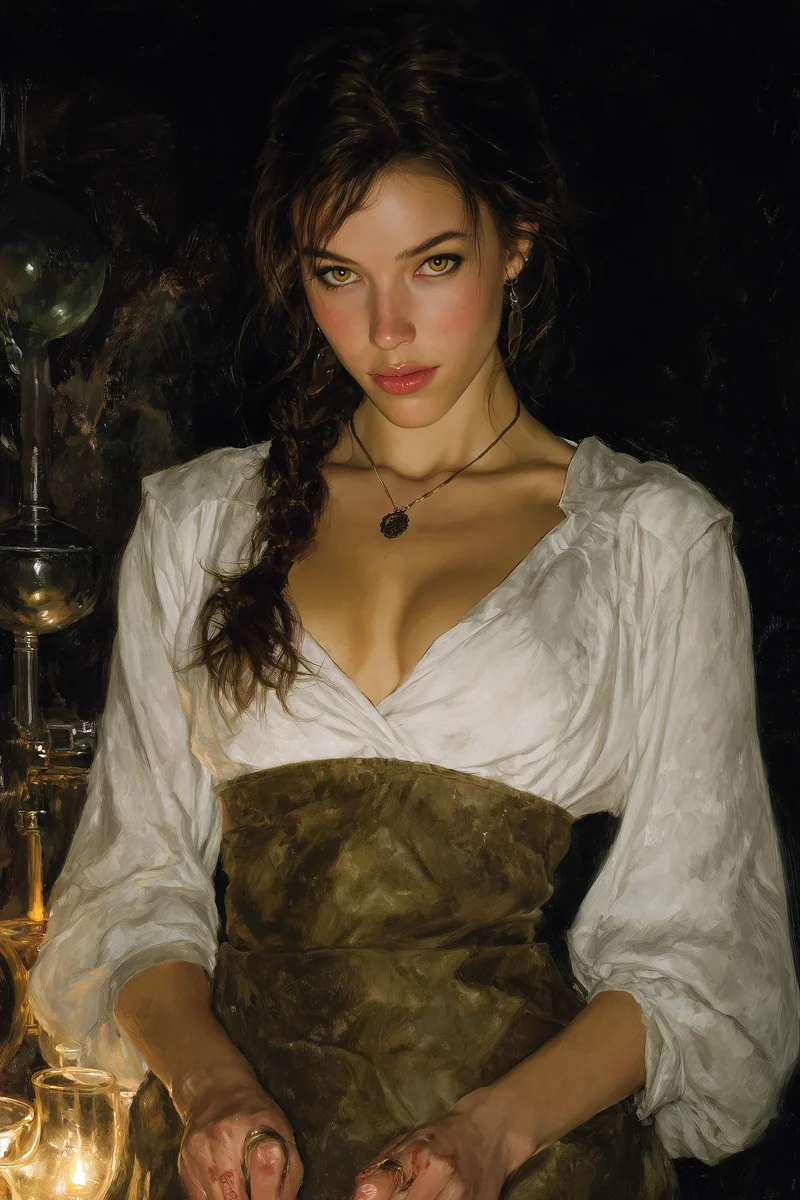 Gaunt pale woman with dark brown hair in a black laced bodice over a white blouse, standing against a dark background.