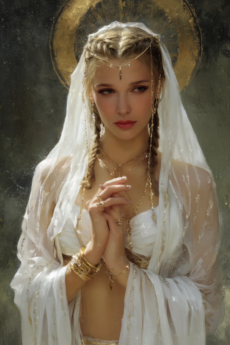 Blonde woman in white veils with a golden halo behind her, hands clasped in prayer, glowing in soft light.