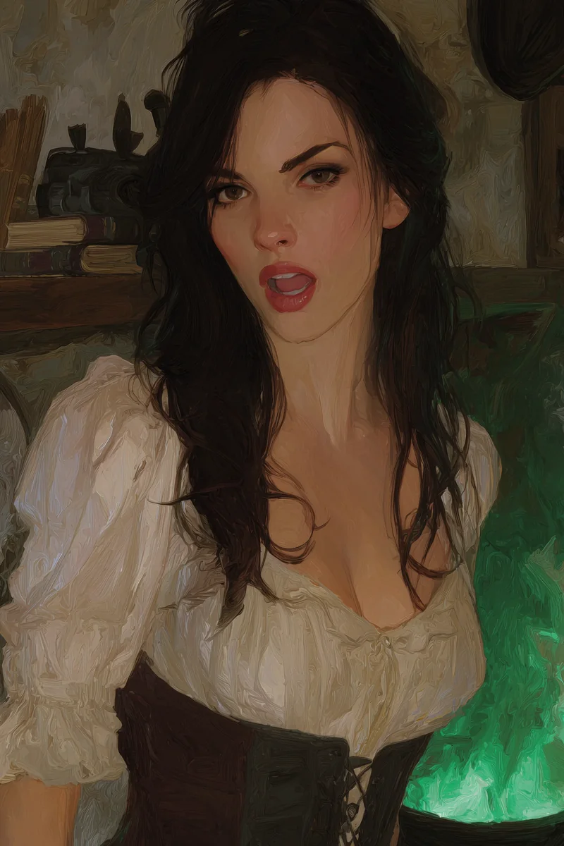 Brown-haired woman in a loose off-white blouse with a green-lit background, lips slightly parted.