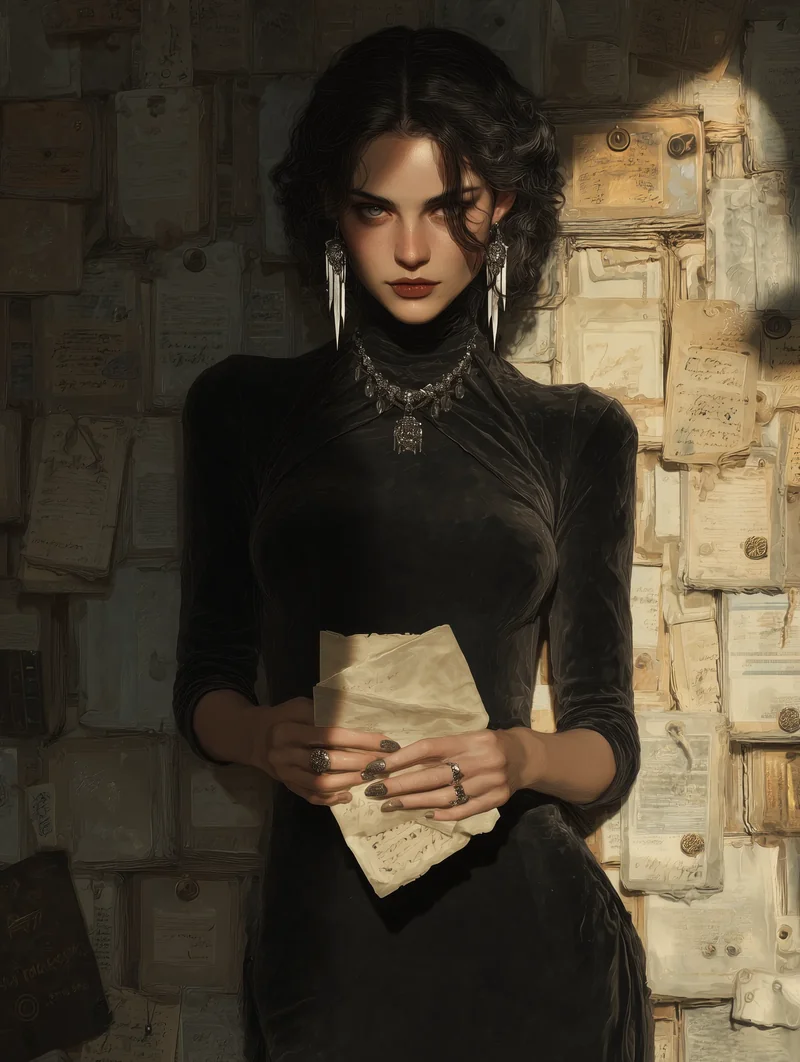 Dark-haired woman in a high-collared black gown holding a sheet of paper in a dim stone room.