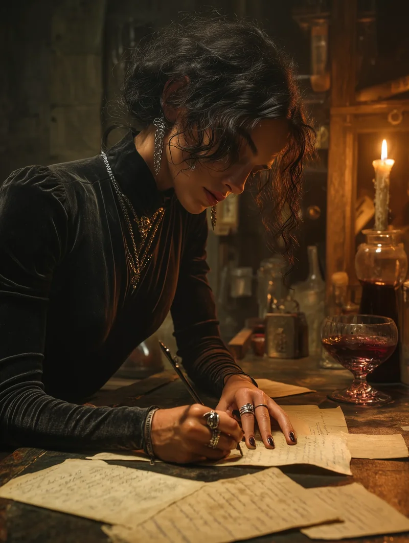 Young man in dark clothing writing at a desk with a lit candle and scattered papers.