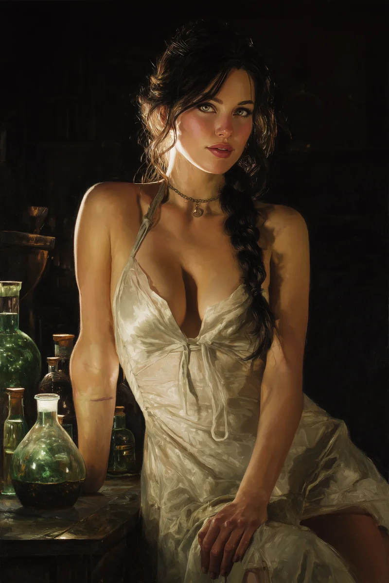 Slender dark-haired woman in a pale silk gown smiling beside glass vials in a candlelit room.