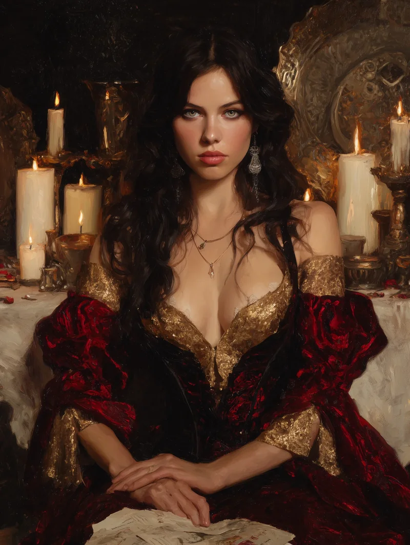Dark-haired woman in a low-cut red velvet gown seated before a wall of lit candles.