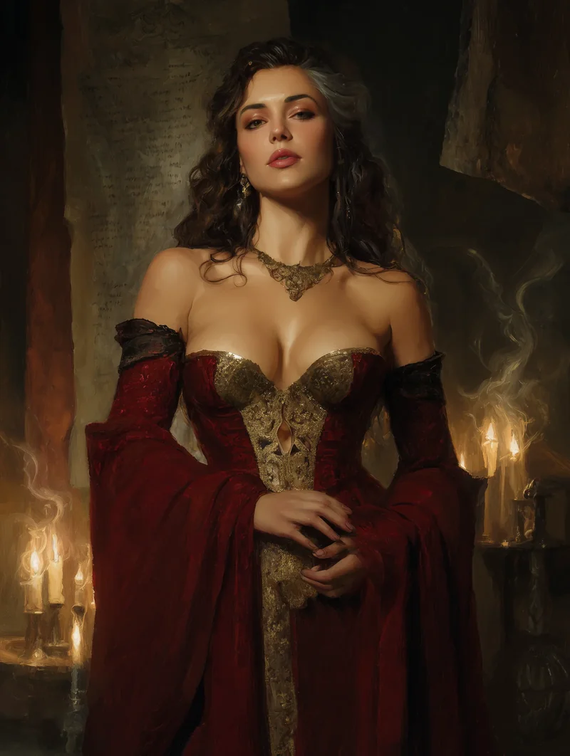 Dark-haired woman in a plum corset with black lace sleeves standing in dim candlelight.