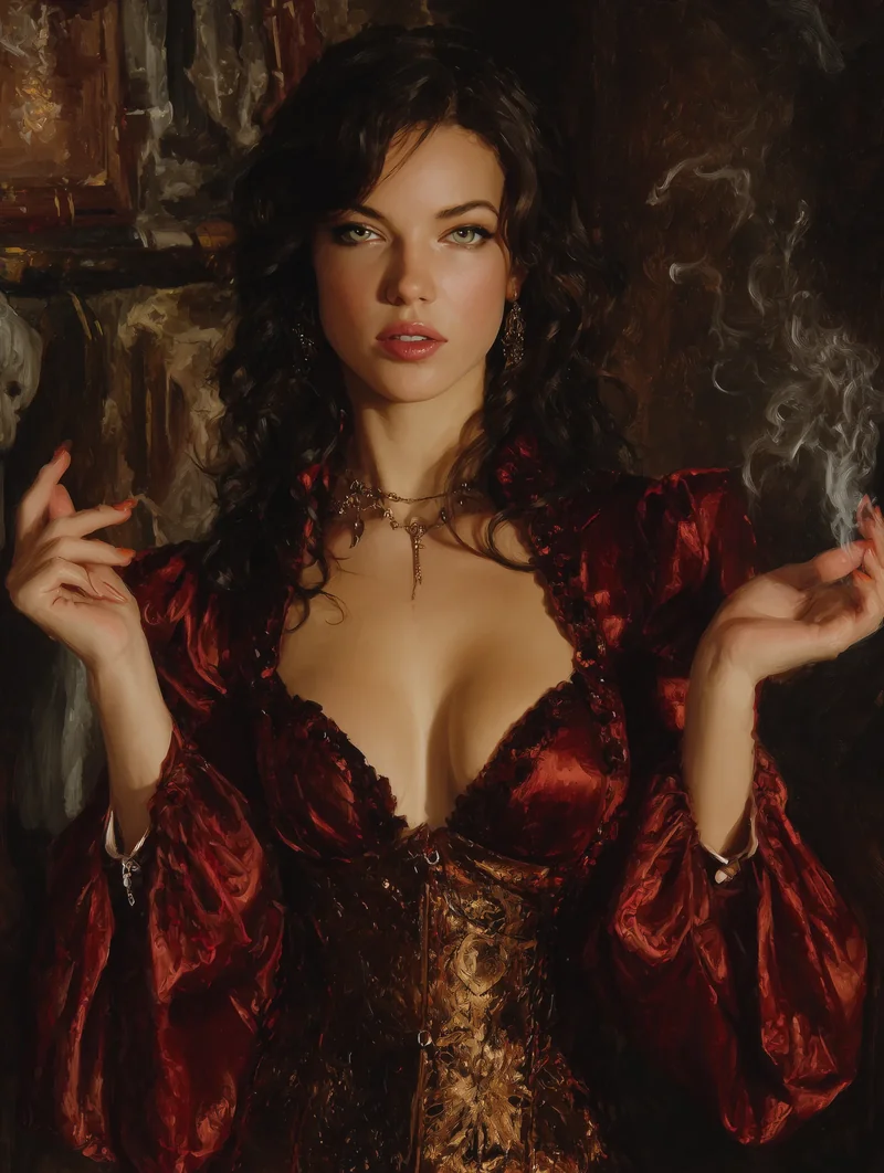 Dark-haired woman in a crimson velvet gown raising one hand, in warm dim light.
